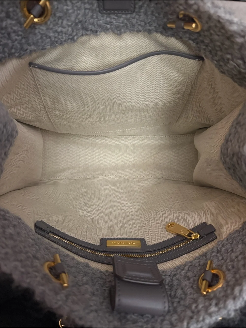 Tory Burch Gray Pebbled Wool Logo Tote with Gold-Tone Accents